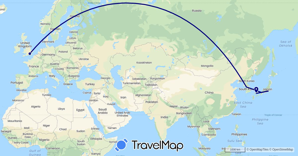 TravelMap itinerary: driving in United Kingdom, Japan, South Korea (Asia, Europe)